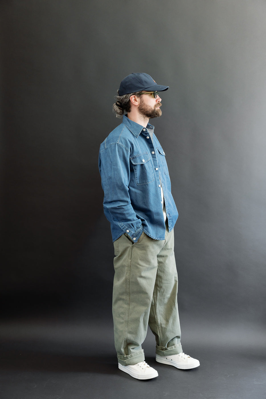 Full body side view of a male model, 5'9