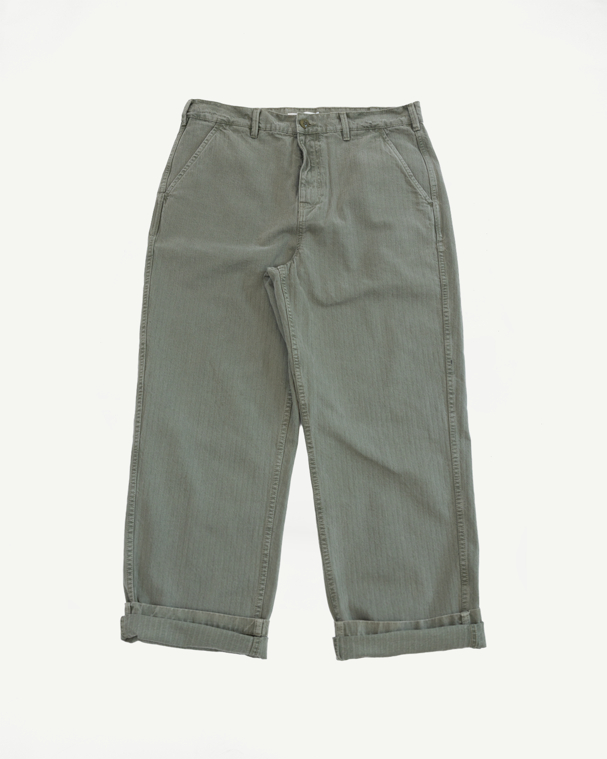 Front view flat lay of olive green casual pants with rolled hems.