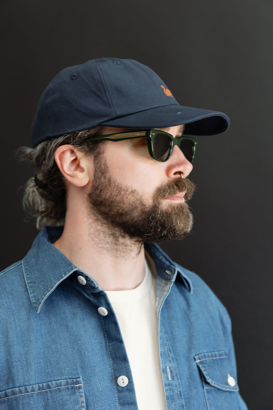 Close-up profile of a male model (5'9