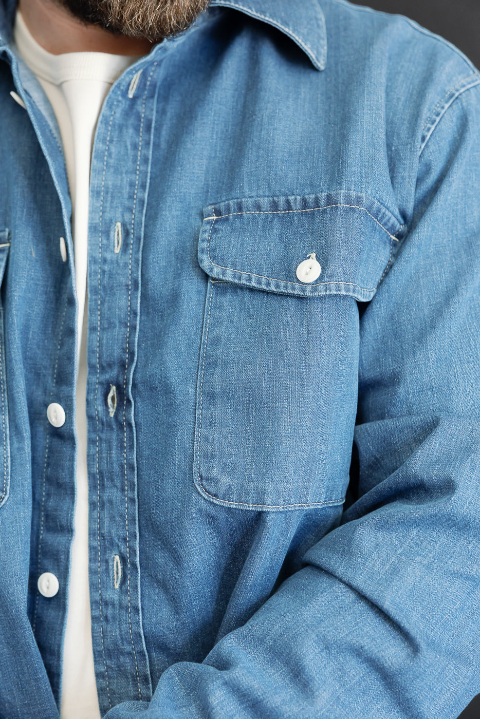 Close-up, left side view of a blue denim shirt chest pocket with a white button detail.