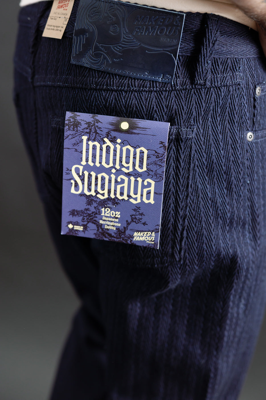 Close-up of back right side of Naked & Famous 12oz Indigo Sugiaya jeans on 5'9