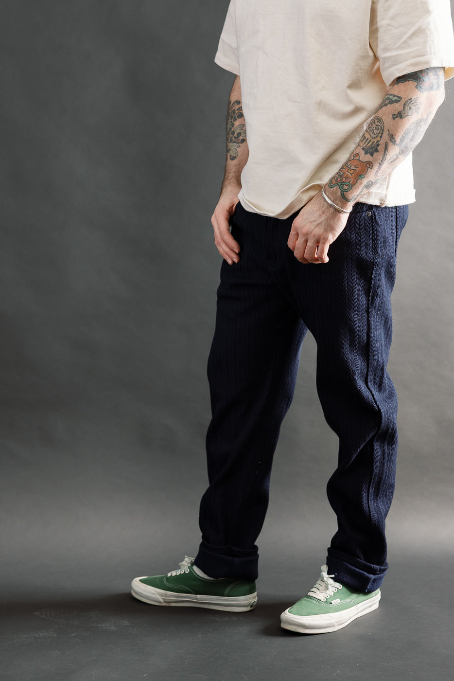 Front view full body of male model 5'9 165lbs wearing indigo selvedge Weird Guy jeans at Dant