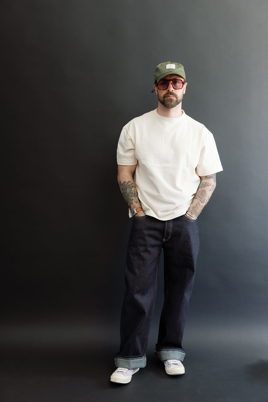 Full body front view of a male model (5'9
