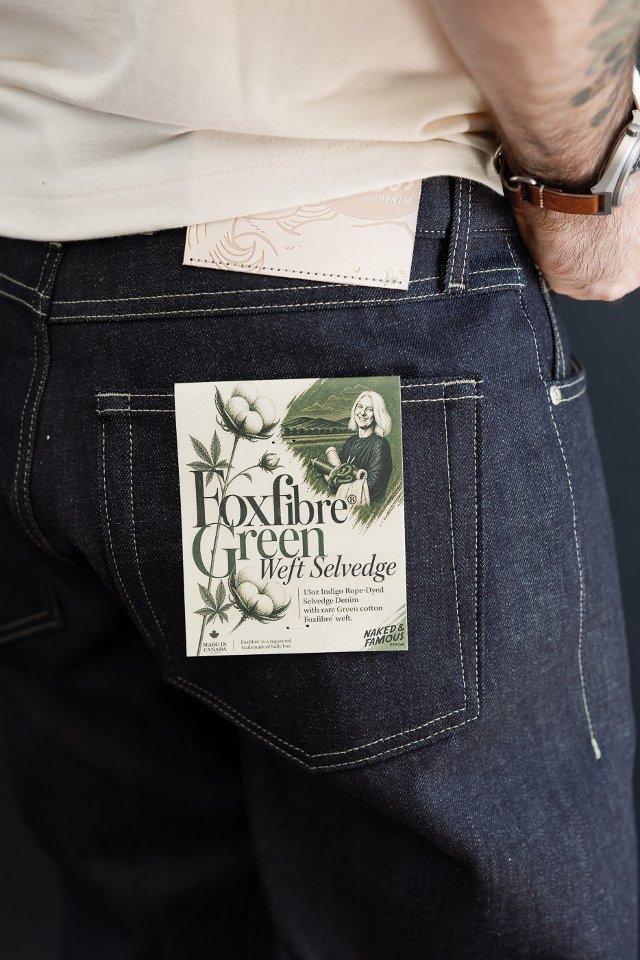 Close-up back view of dark selvedge denim on a male model (5'9