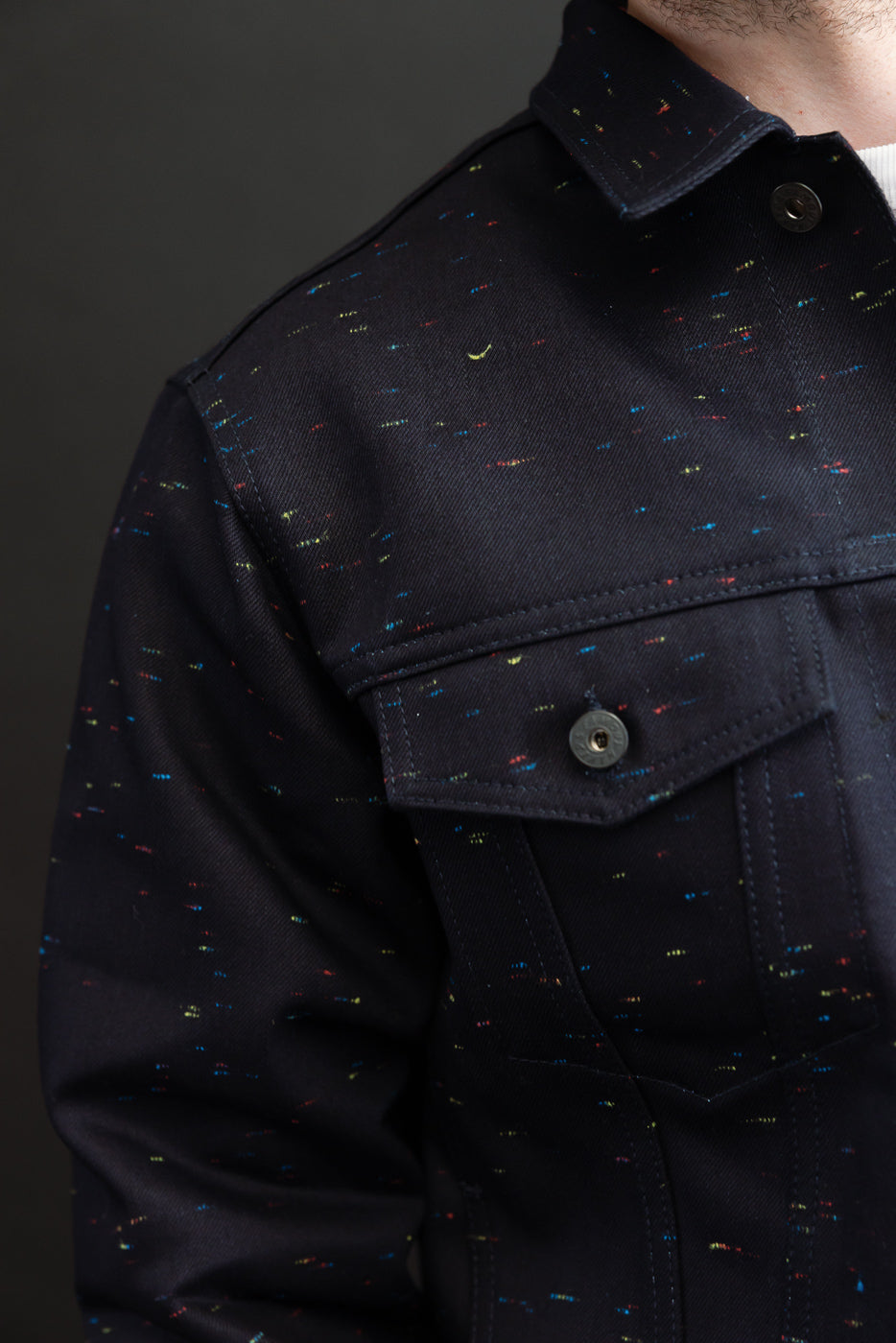 Close-up of the front right chest and shoulder of a male model's navy patterned jacket.