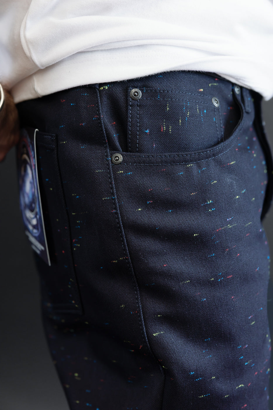 Close-up of right hip on male model (5'9