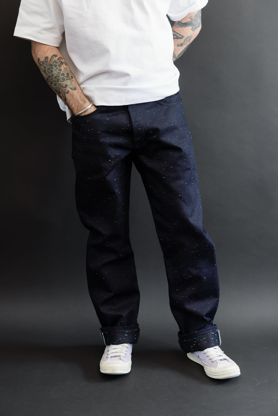 Full body front view of a male model, 5'9