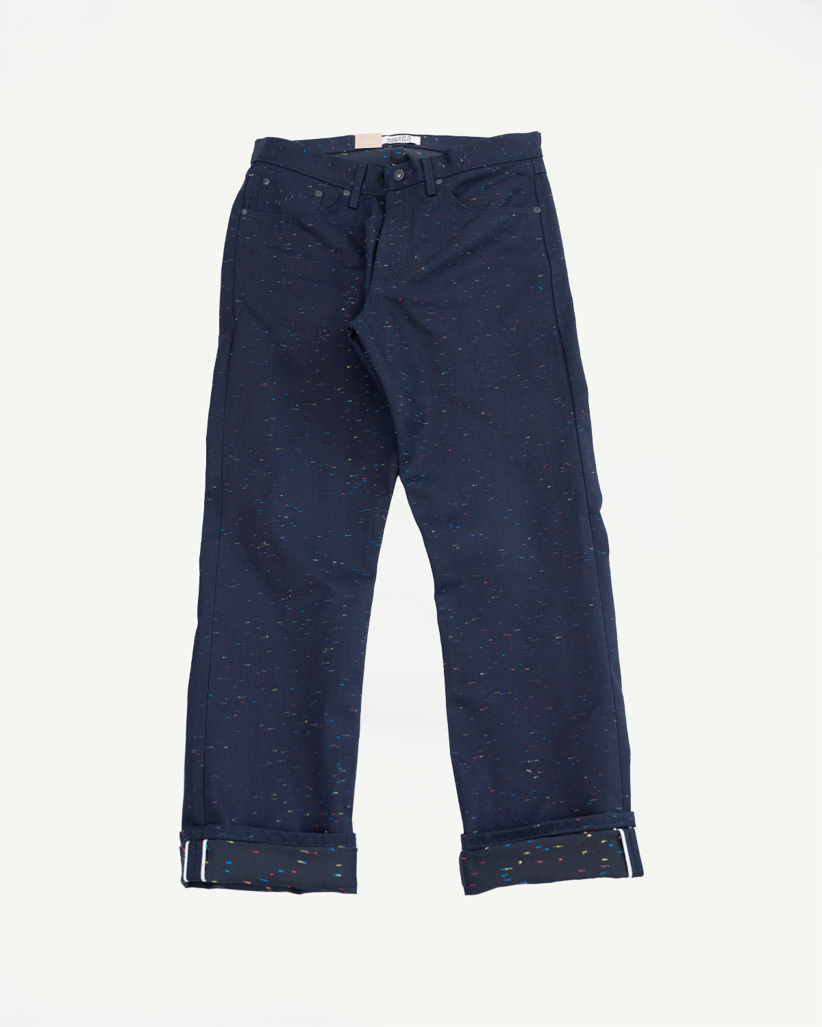 Front view flat lay of navy speckled casual trousers with cuffed hems.