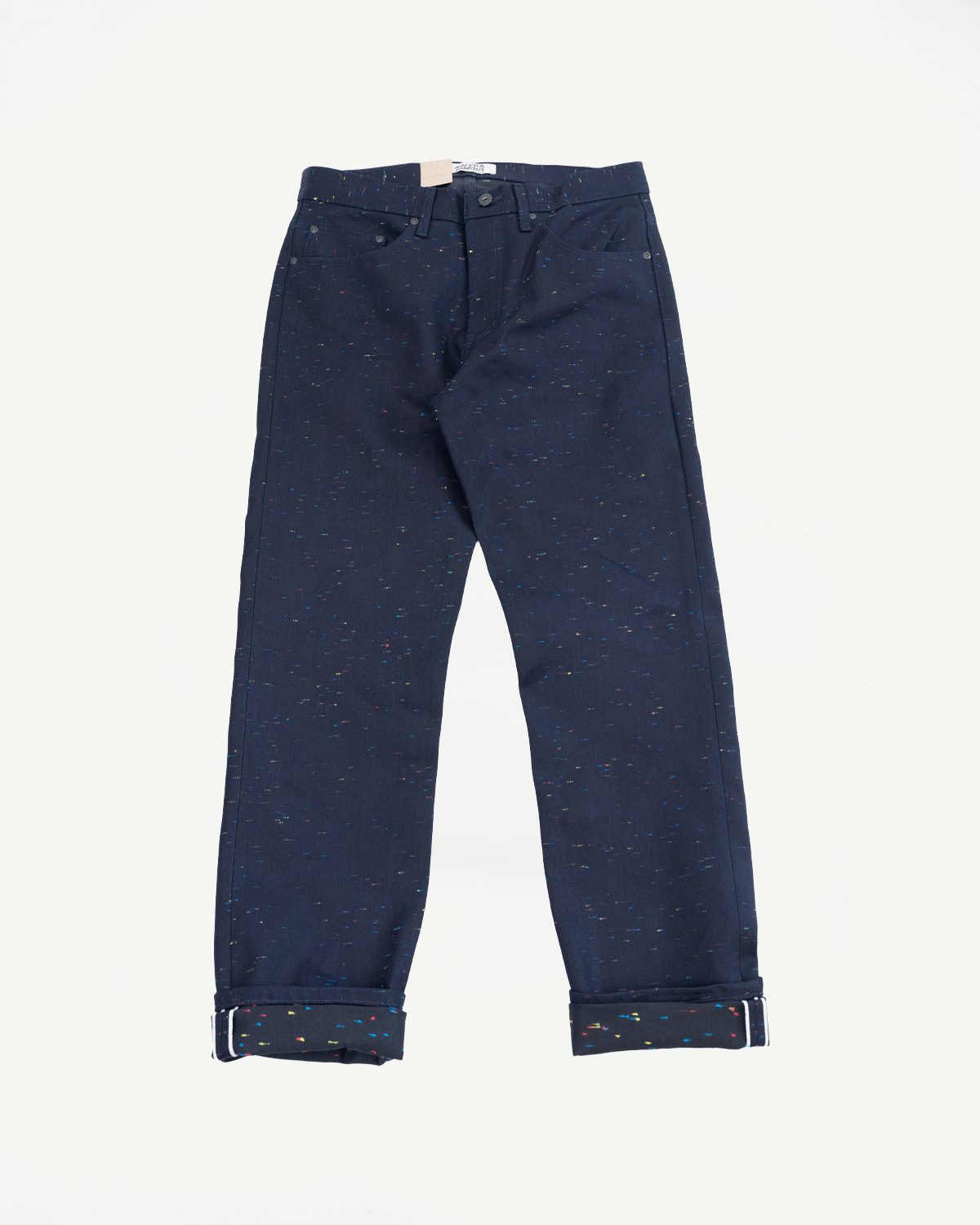 Front view flat lay of navy blue speckled casual trousers with cuffed hems.