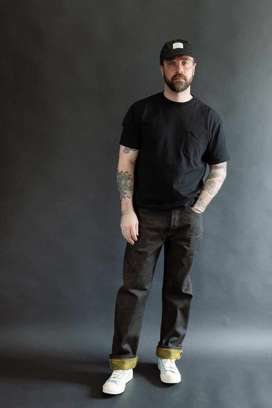 Full body front view of male model 5'9