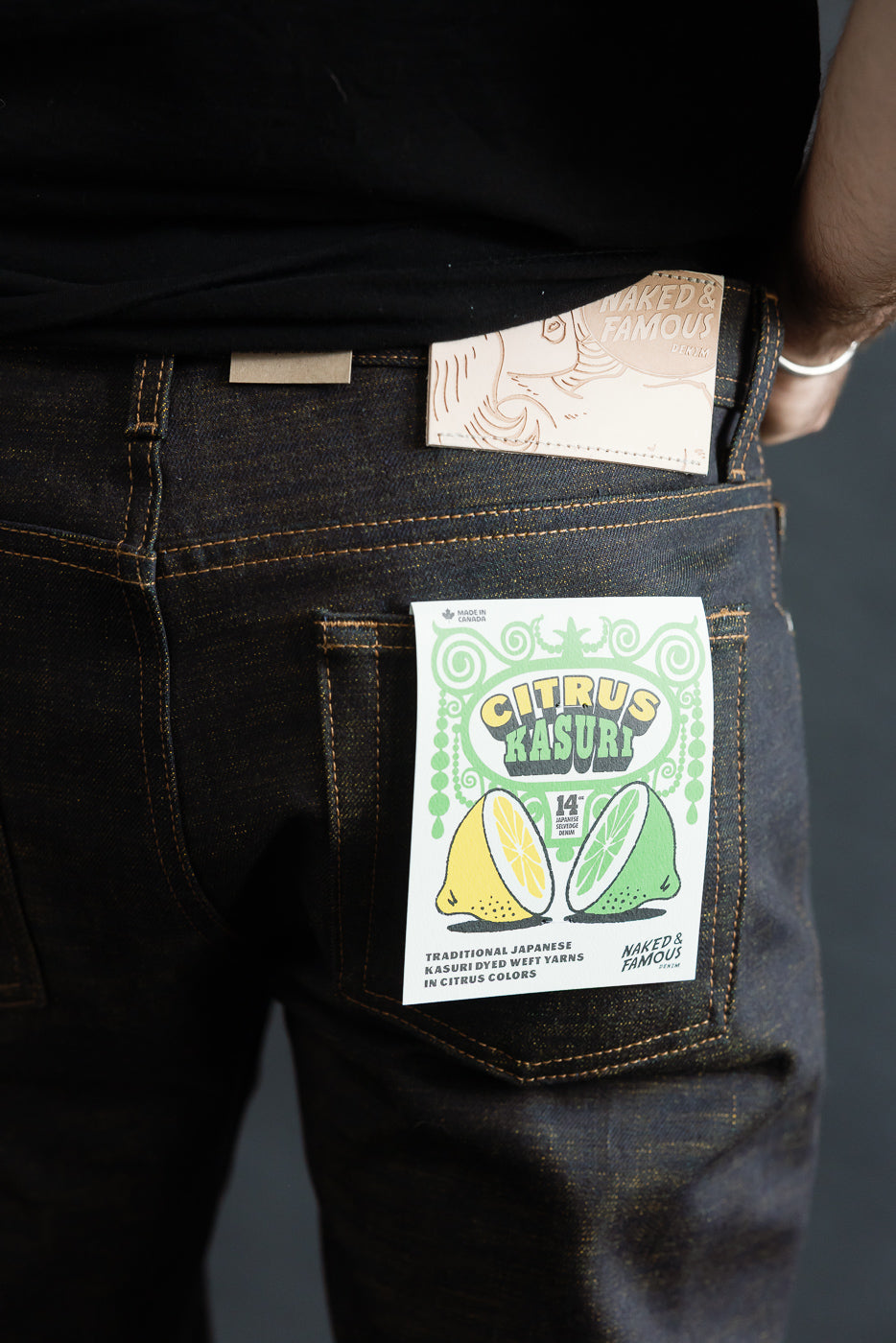 Close-up of back of men's selvedge jeans on 5'9