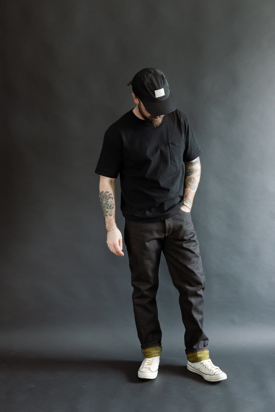 Full body front view of male model 5'9