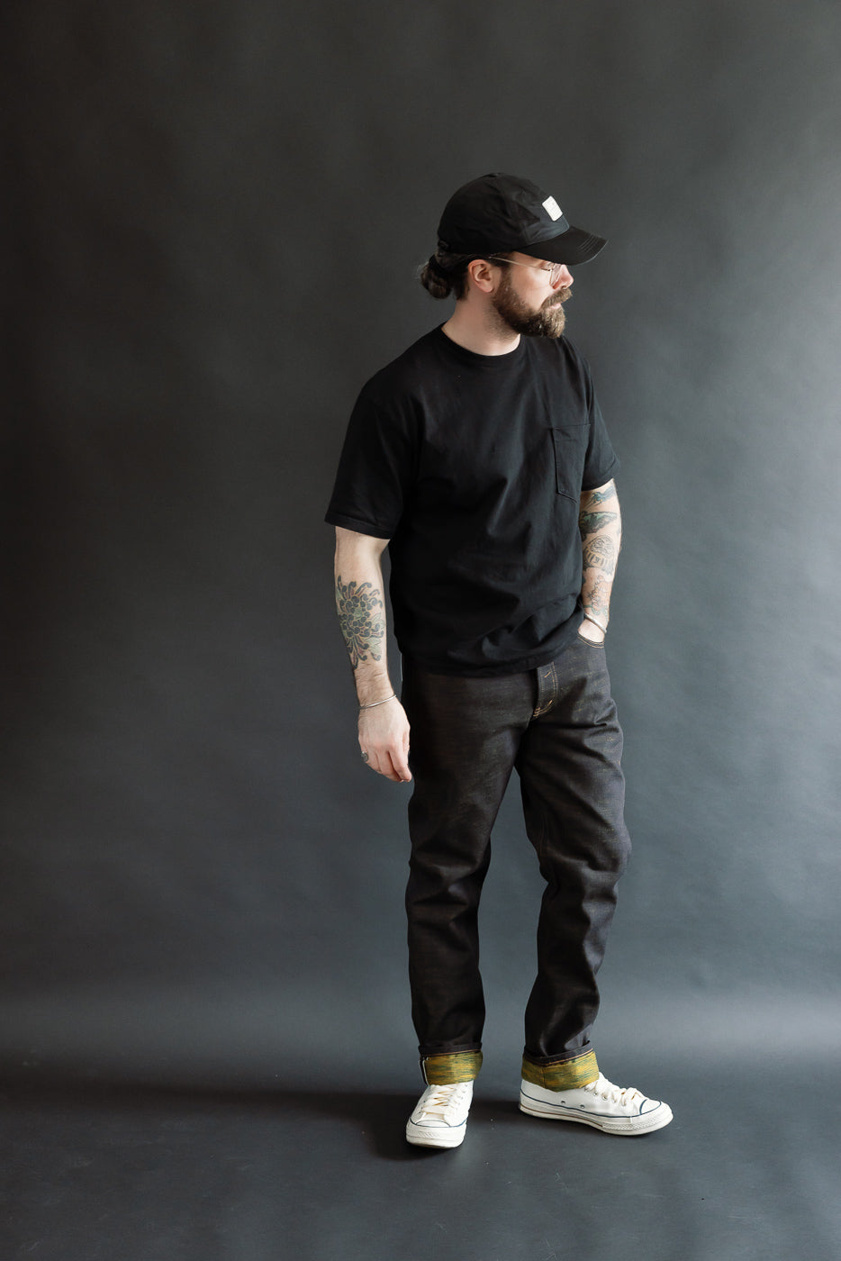 Full body front view of male model, 5'9