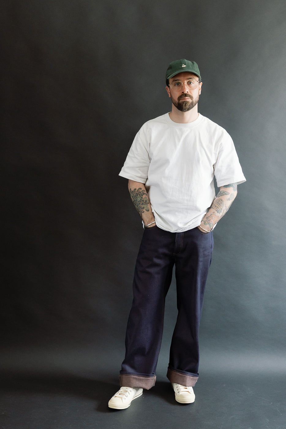 Full body front view of male model, 5'9