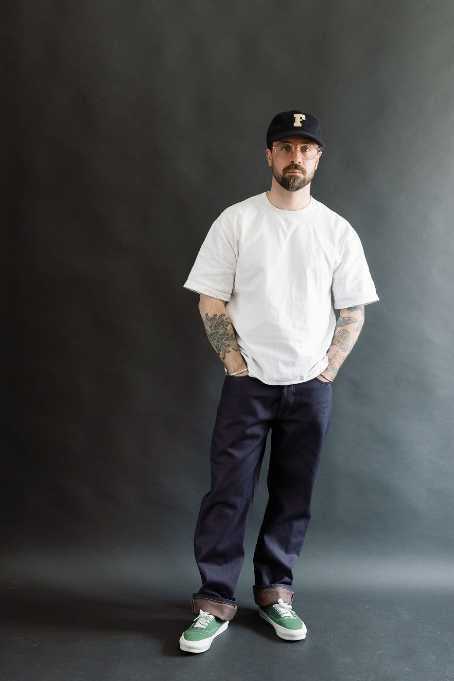 Full body front view of male model, 5'9