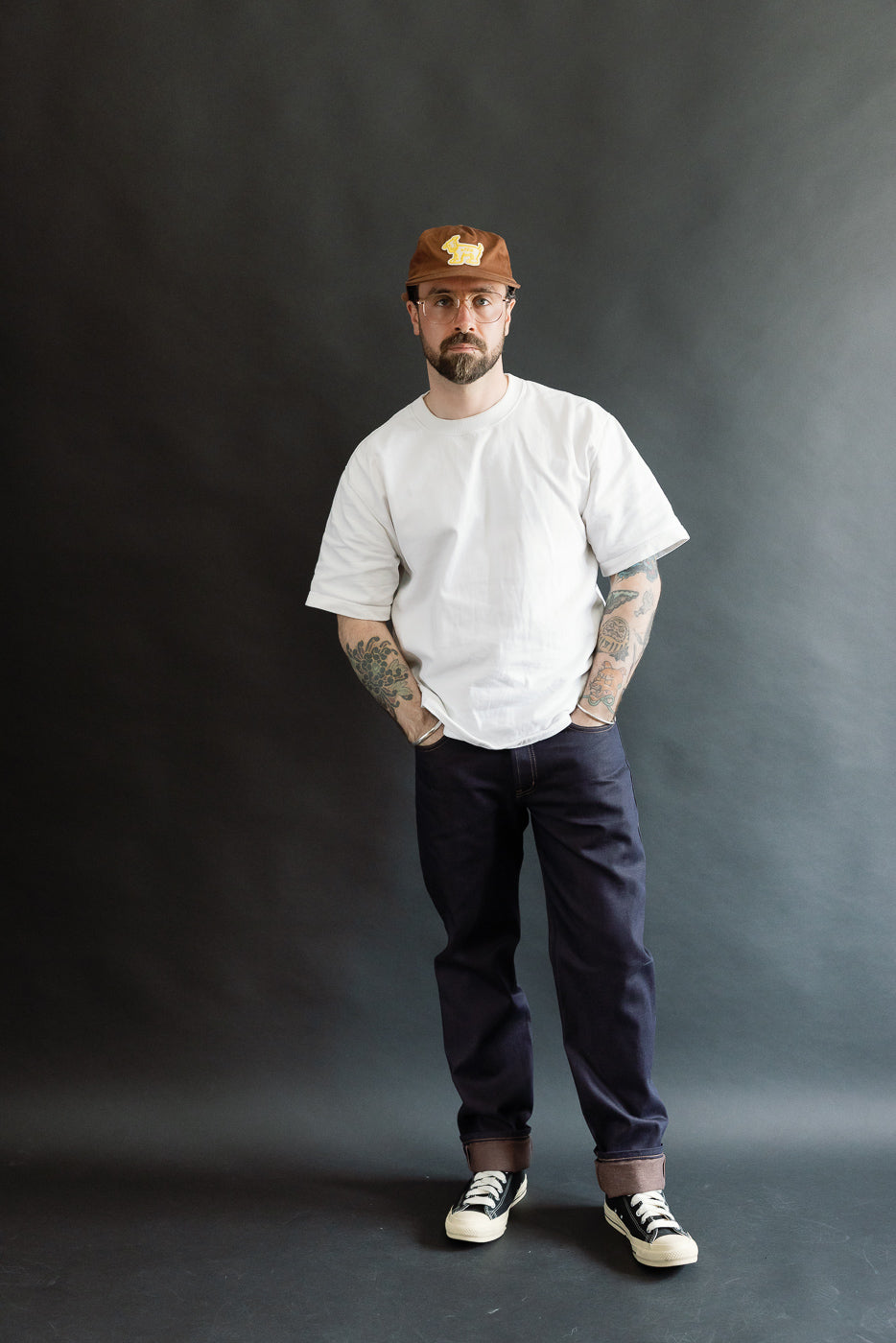 Full body front view of male model 5'9