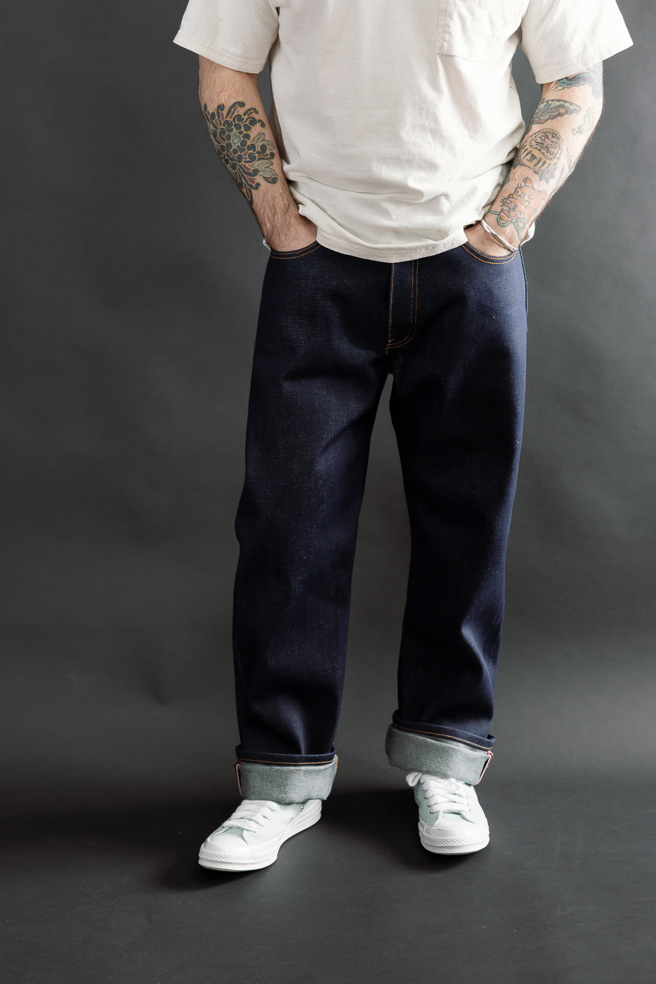 Front view, full-body shot of male model 5'9