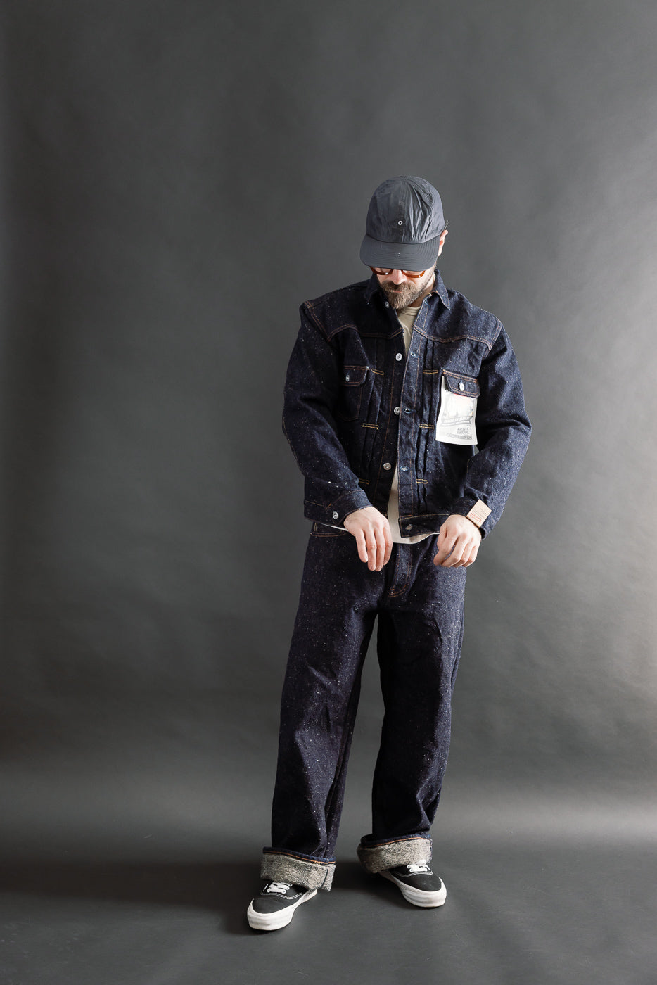 Full body front view of male model 5'9