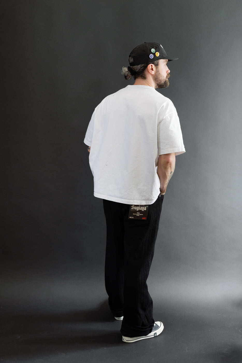 Full body back view of a male model, 5'9