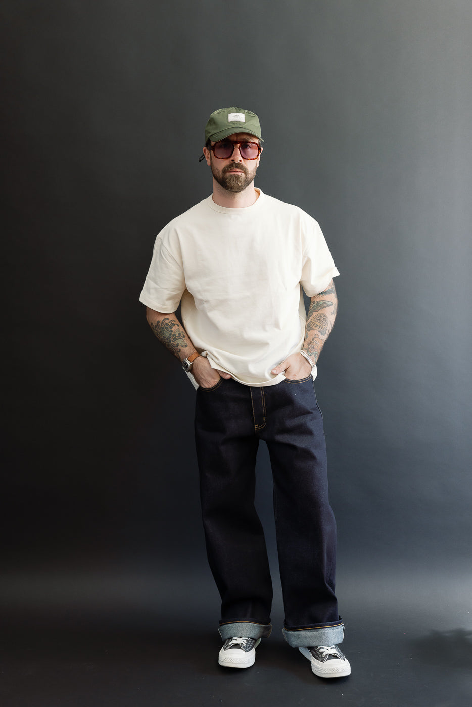 Full body front view of male model, 5'9