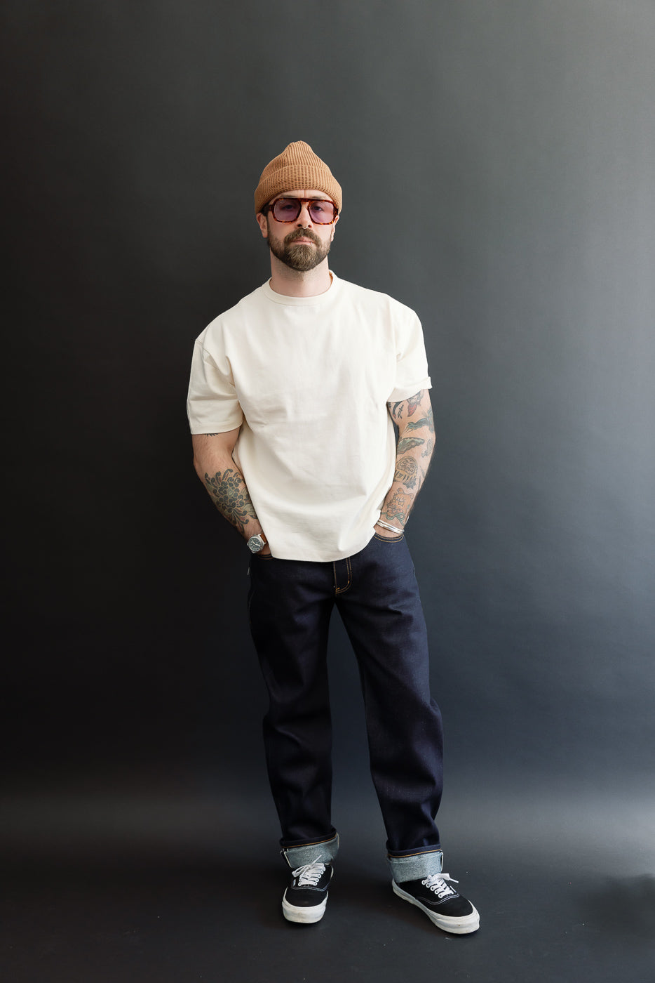 Full body front view of male model, 5'9