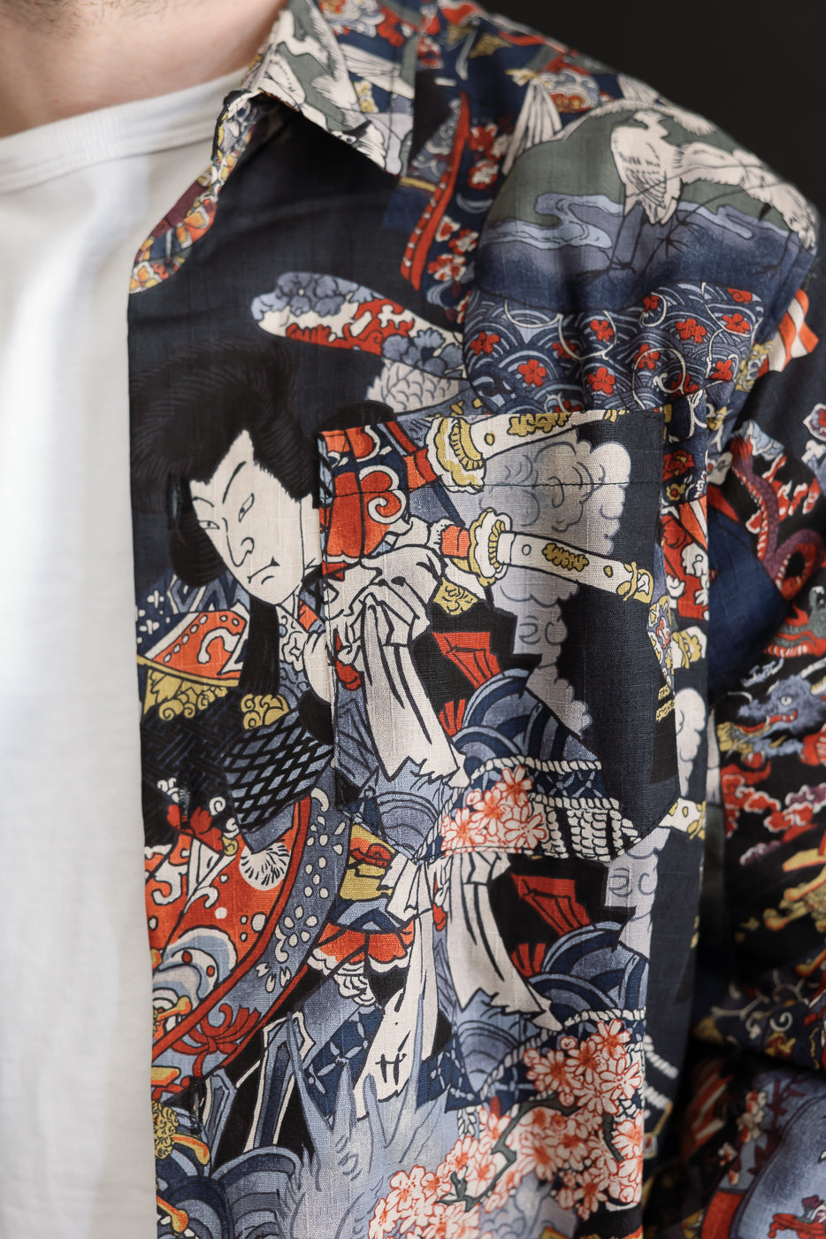 Close-up front view of a patterned button-up shirt featuring Japanese-style graphic art.