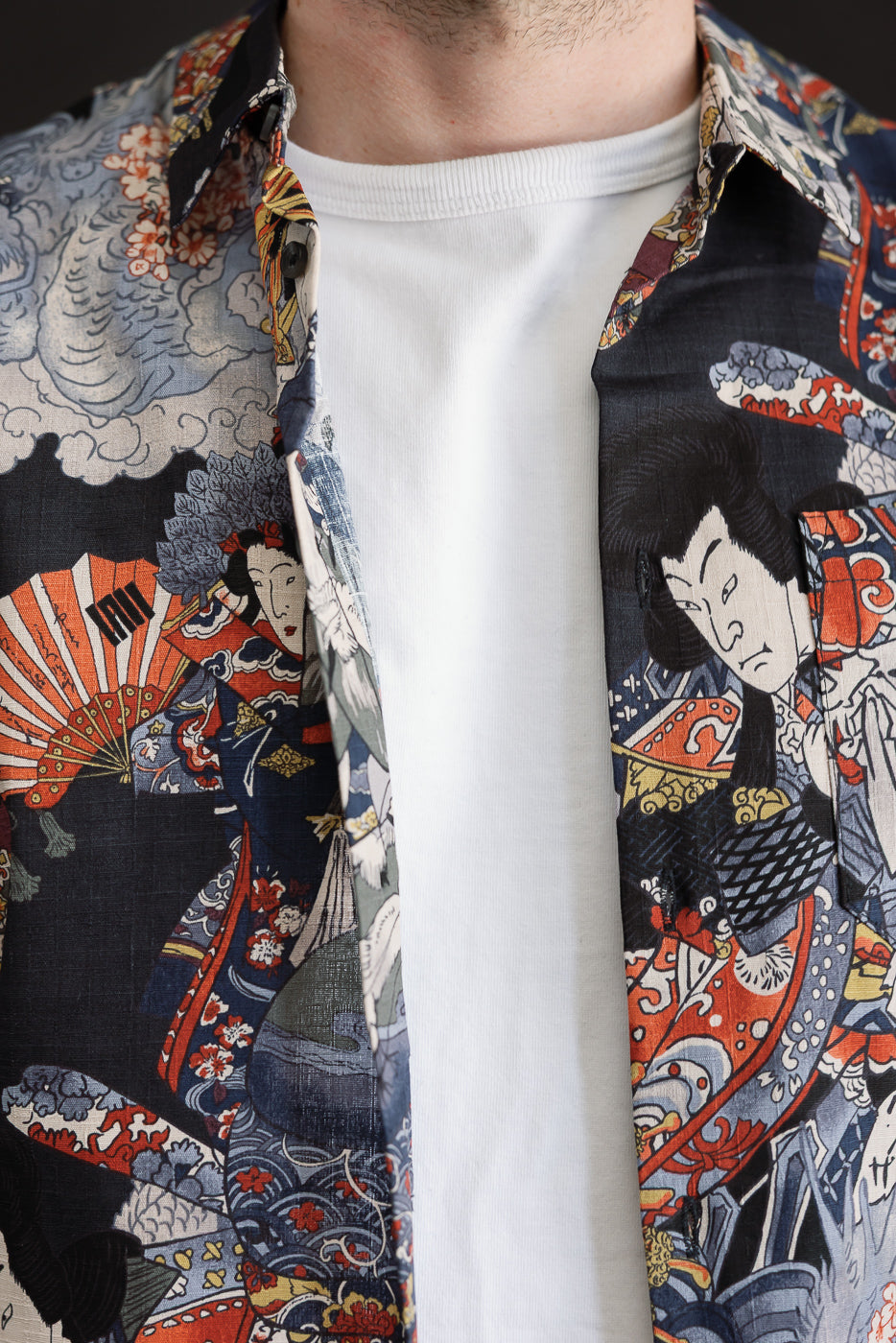 Close-up front view of a patterned button-down shirt with Japanese-style graphic print.