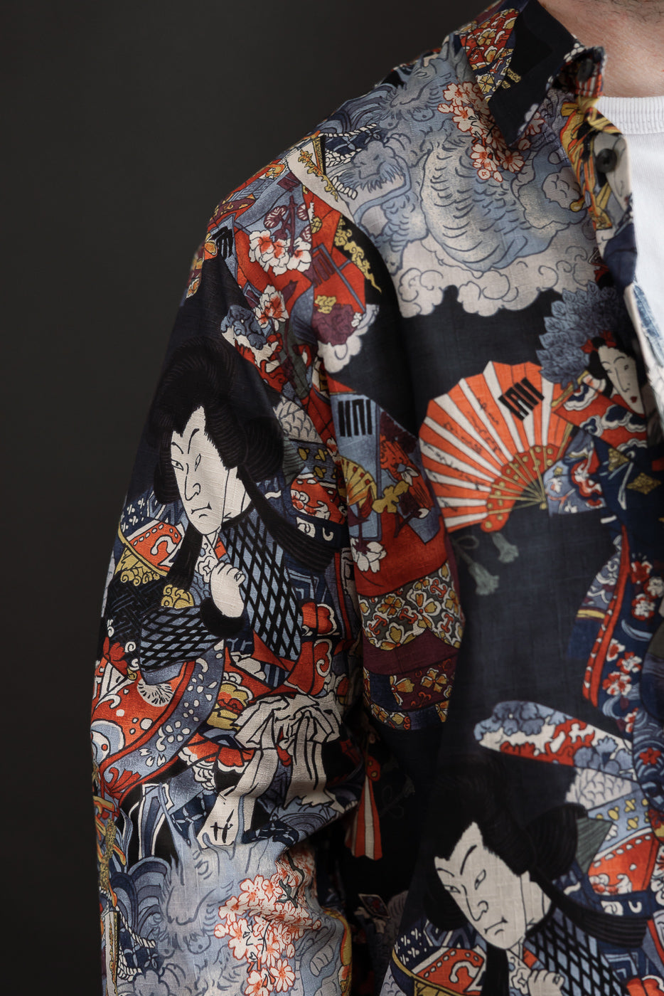 Side view close-up of a male model's patterned button-down shirt with Japanese art motifs.