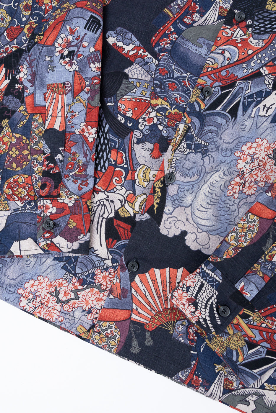 Close-up of the front fabric texture and button detail on a Japanese-inspired print shirt.