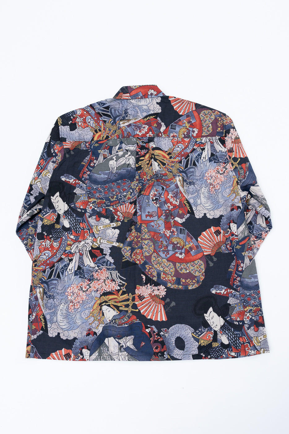 Back view flat lay of a navy blue short-sleeve button-down shirt with colorful Japanese ukiyo-e print.