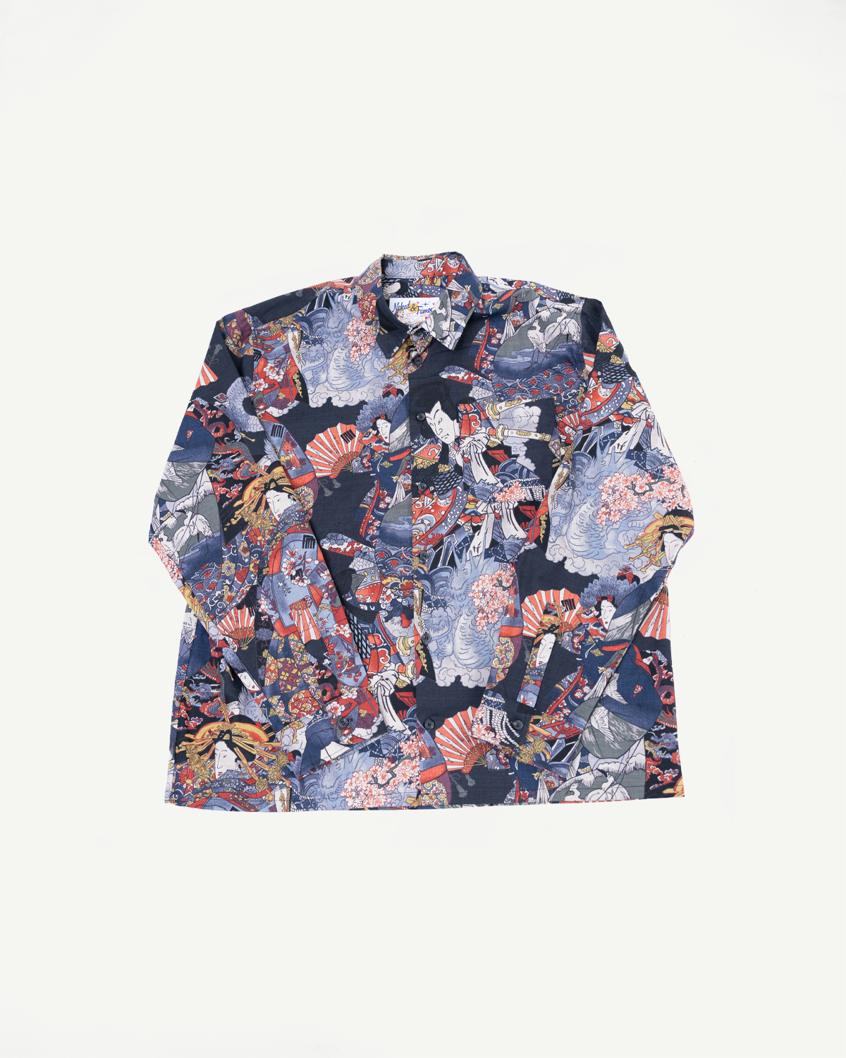 Front view flat lay of a long-sleeve button-down shirt with a navy Japanese ukiyo-e print.