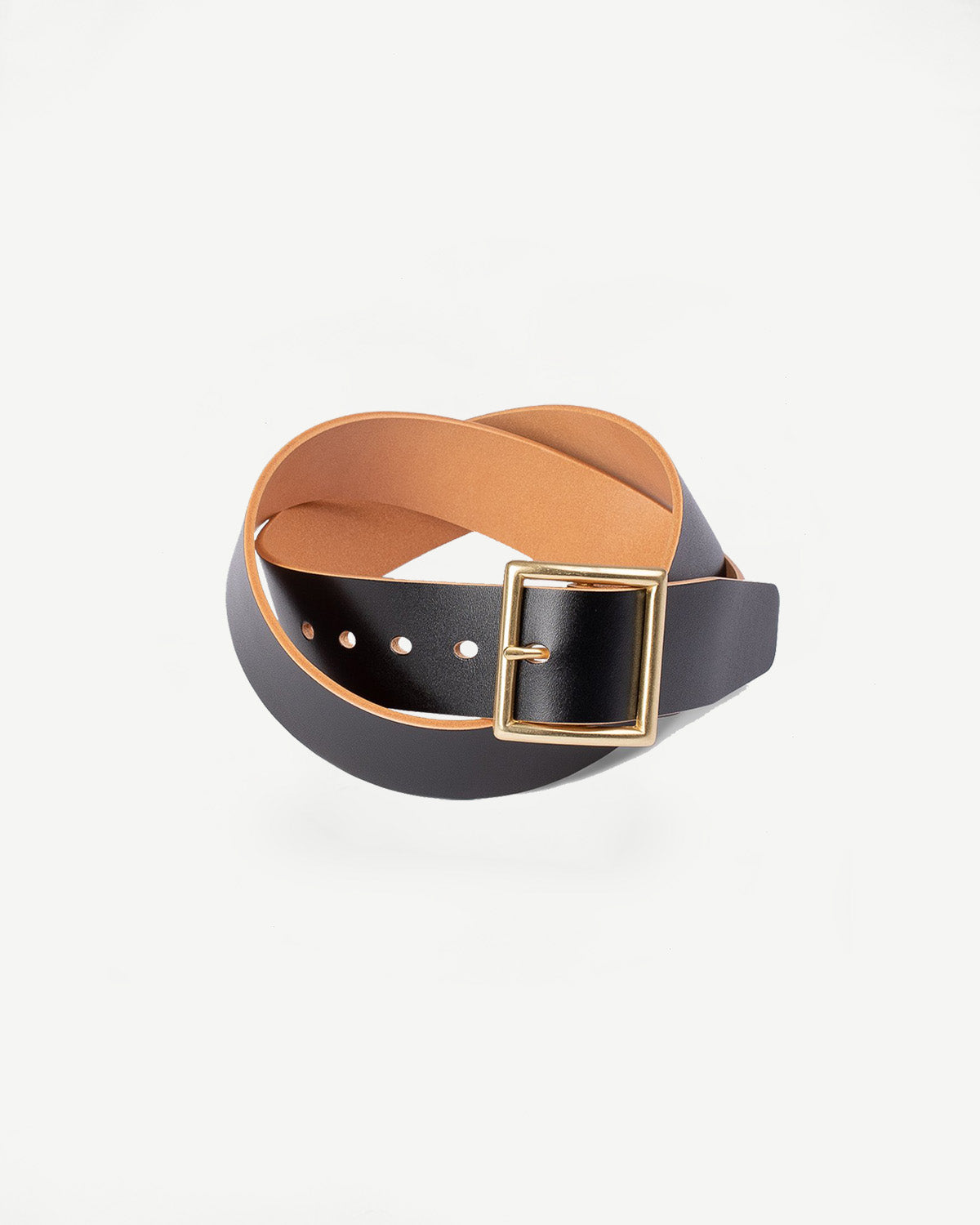 Flat lay close-up of black leather Obbi Good Label belt, gold rectangular buckle, front view.