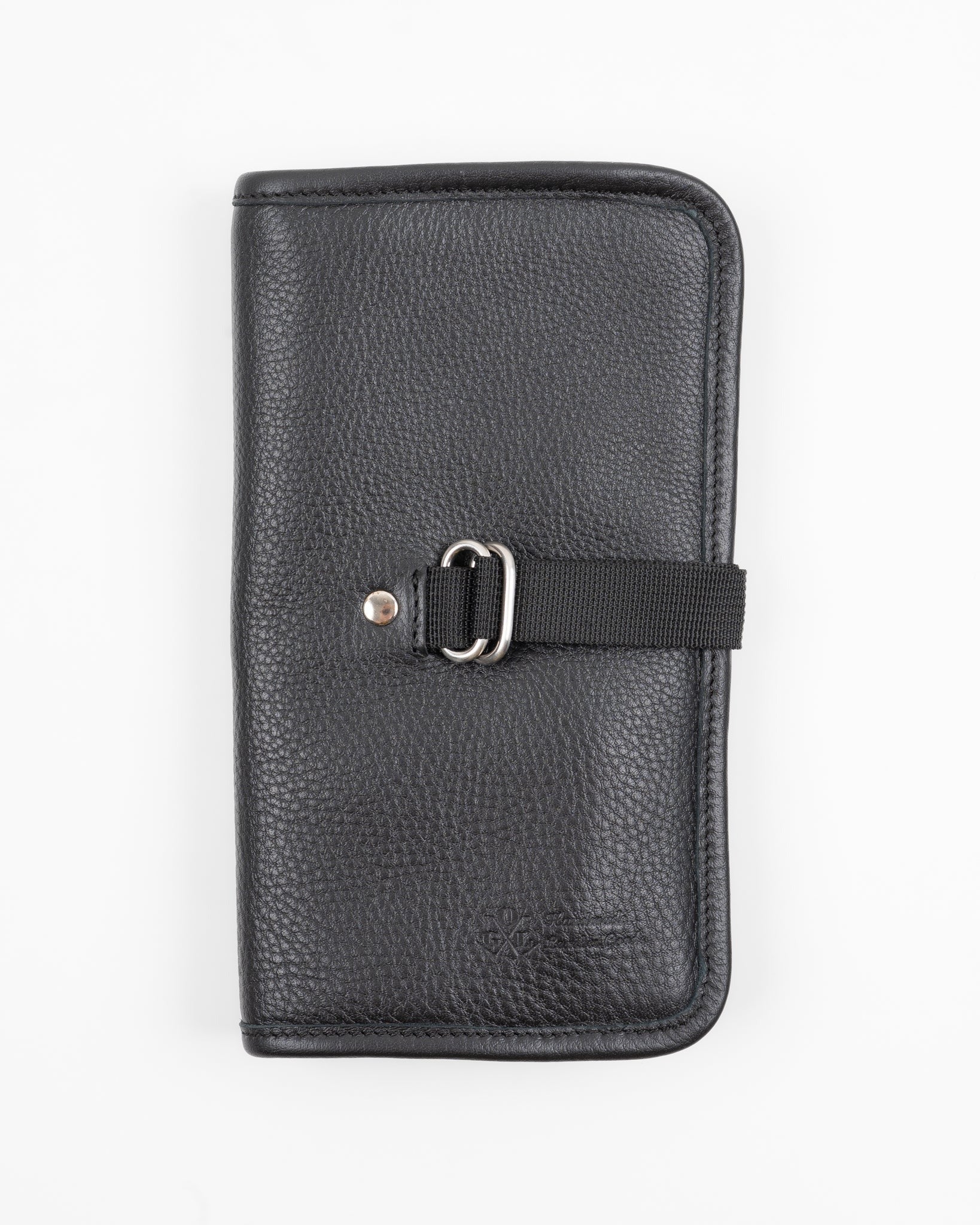 Flat lay of black pebbled leather watch case, front view with metal buckle strap detail.