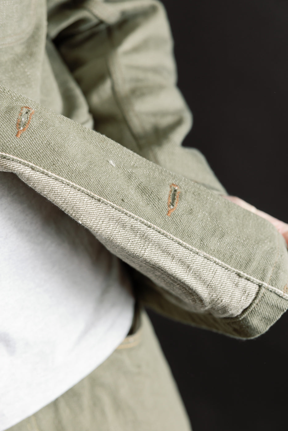 Close-up of male model's 18oz olive selvedge denim jacket sleeve, showing texture and buttonholes.