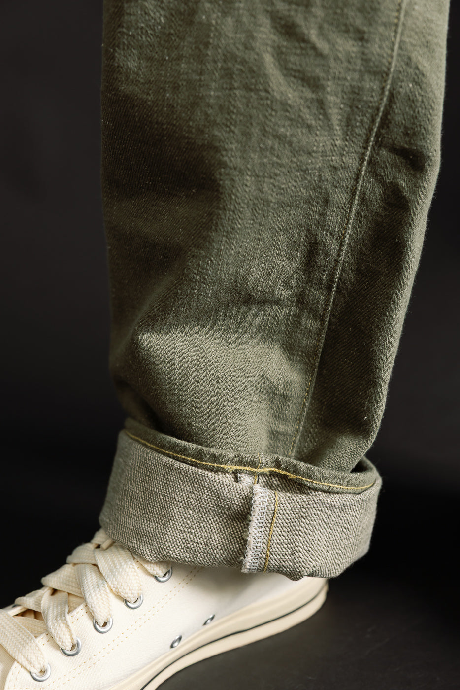 Close-up of men's olive selvedge denim jeans cuff and texture, lower leg, side view
