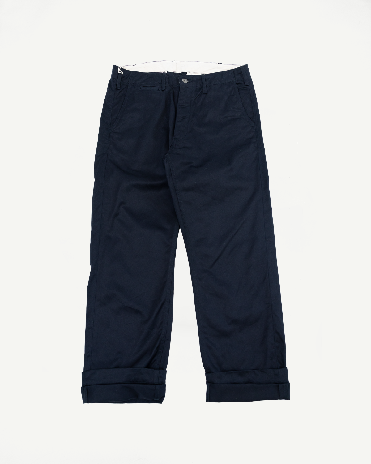 Navy blue casual pants, front view flat lay, cuffed hems, button waist, athletic fit