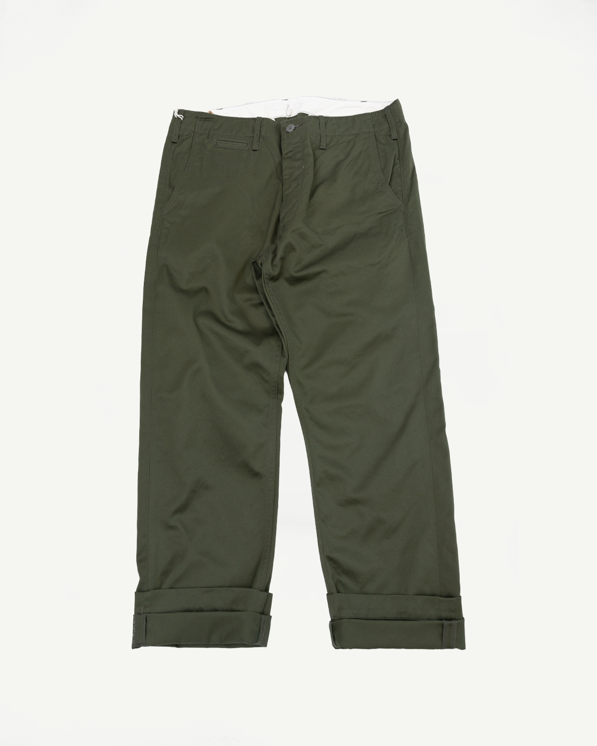 Olive green casual pants, front view, cuffed hems, flat lay
