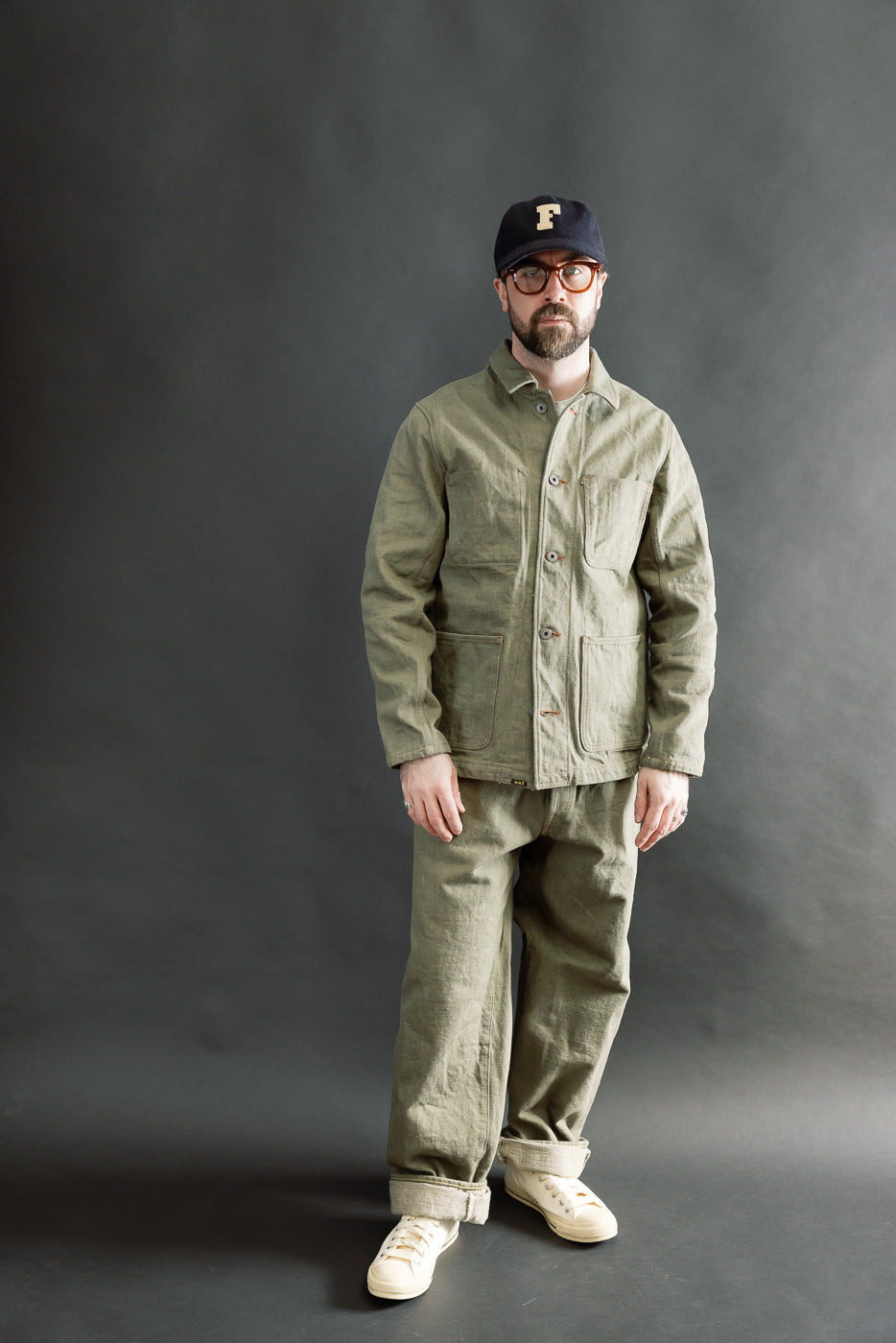 Full body front view of male model 5'9