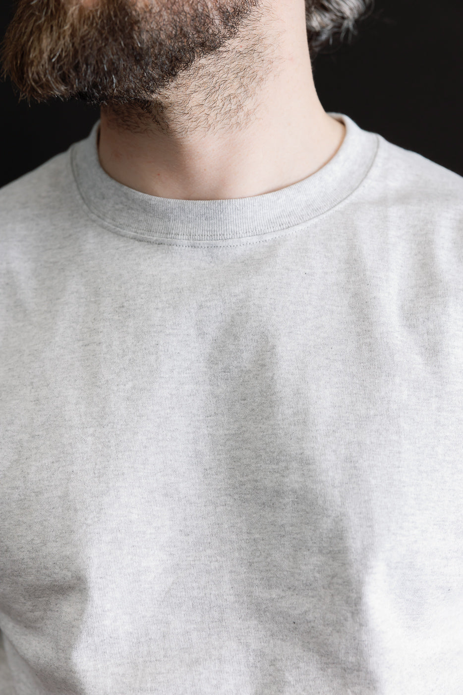 Close-up front view of heather grey t-shirt collar on male model, athletic build, fabric detail