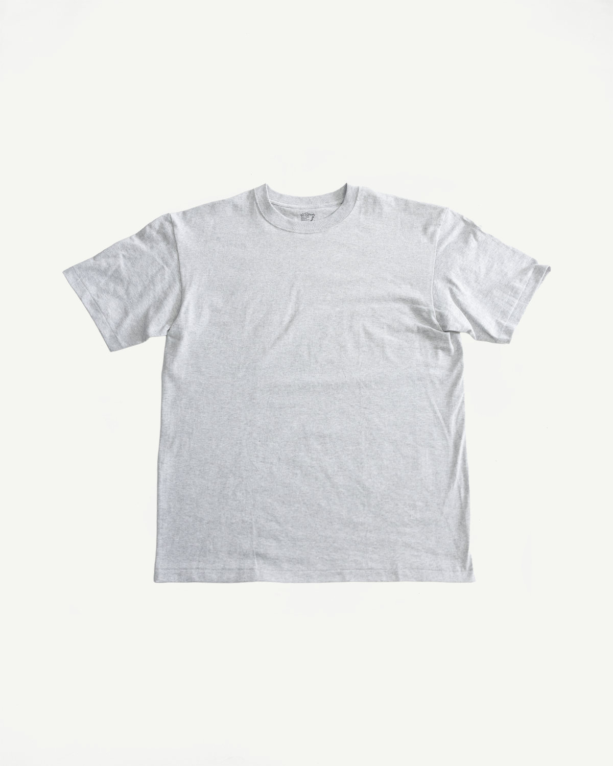Flat lay front view of heather grey short sleeve t-shirt, classic crew neck, no model shown