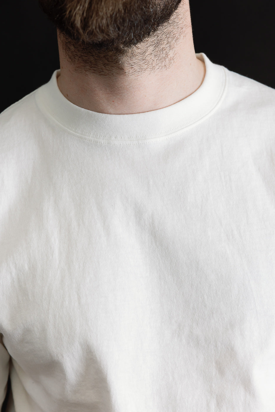 Close-up of front chest and collar on white t-shirt, male model, athletic build, details visible