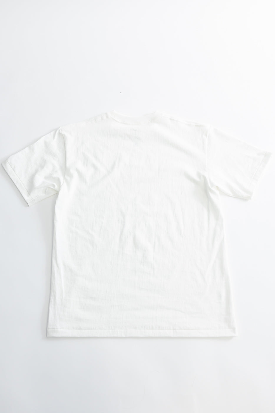 Flat lay of white short sleeve t-shirt, full back view, showing hem and sleeves.