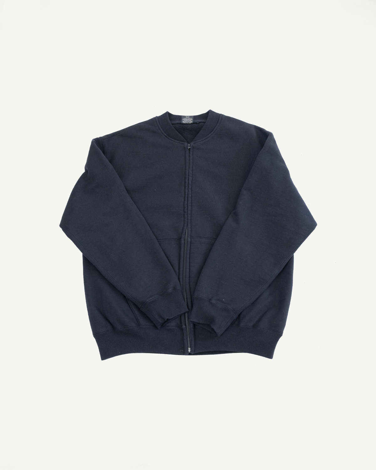 Front view flat lay of a navy blue full-zip sweatshirt with ribbed cuffs and hem.