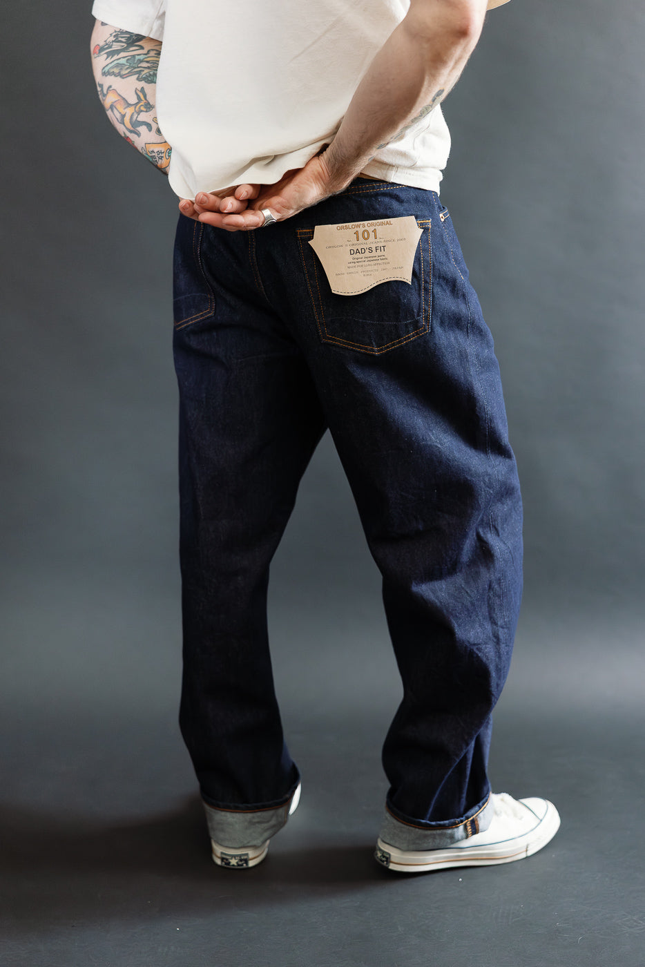 Back view close-up of orSlow Dad's Fit denim jeans, model male 5'9