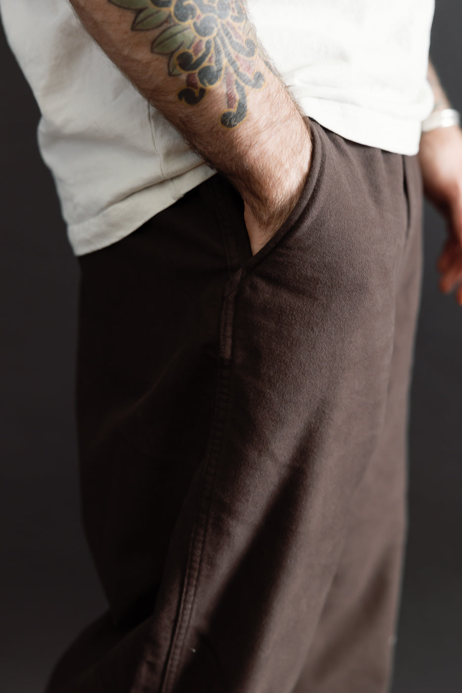 Close-up side view of brown trousers on a 5'9