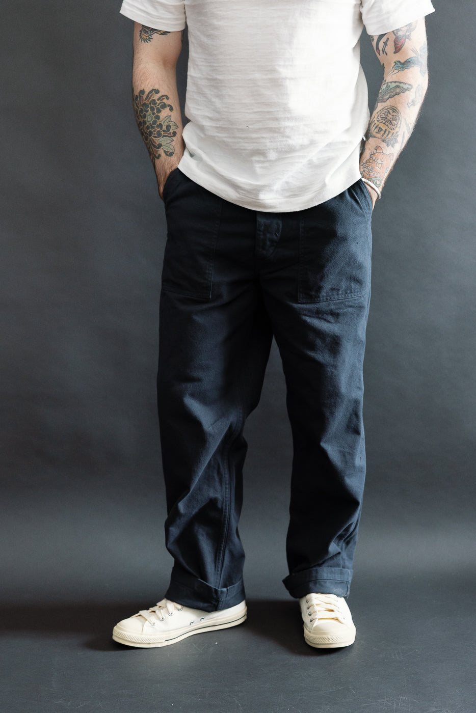 Front view of orSlow dark navy brushed flannel fatigue pants on male model, 5'9 165lbs, athletic build, shown from waist down with casual fit and patch pockets for Dant contemporary apparel.