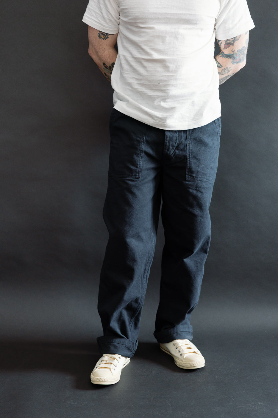 Front view of orSlow dark navy brushed flannel fatigue pants on male model, 5'9