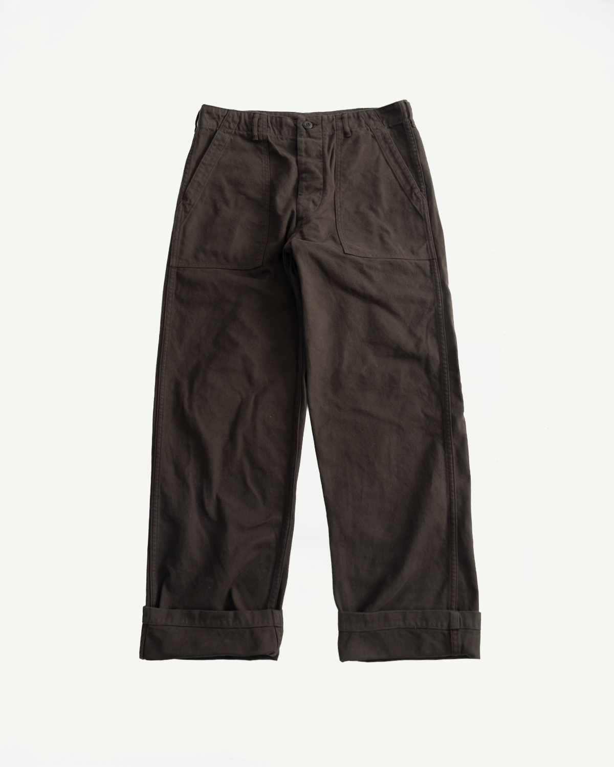 Front view flat lay of orSlow fatigue pants in coffee brown brushed flannel, cuffed hem, Dant