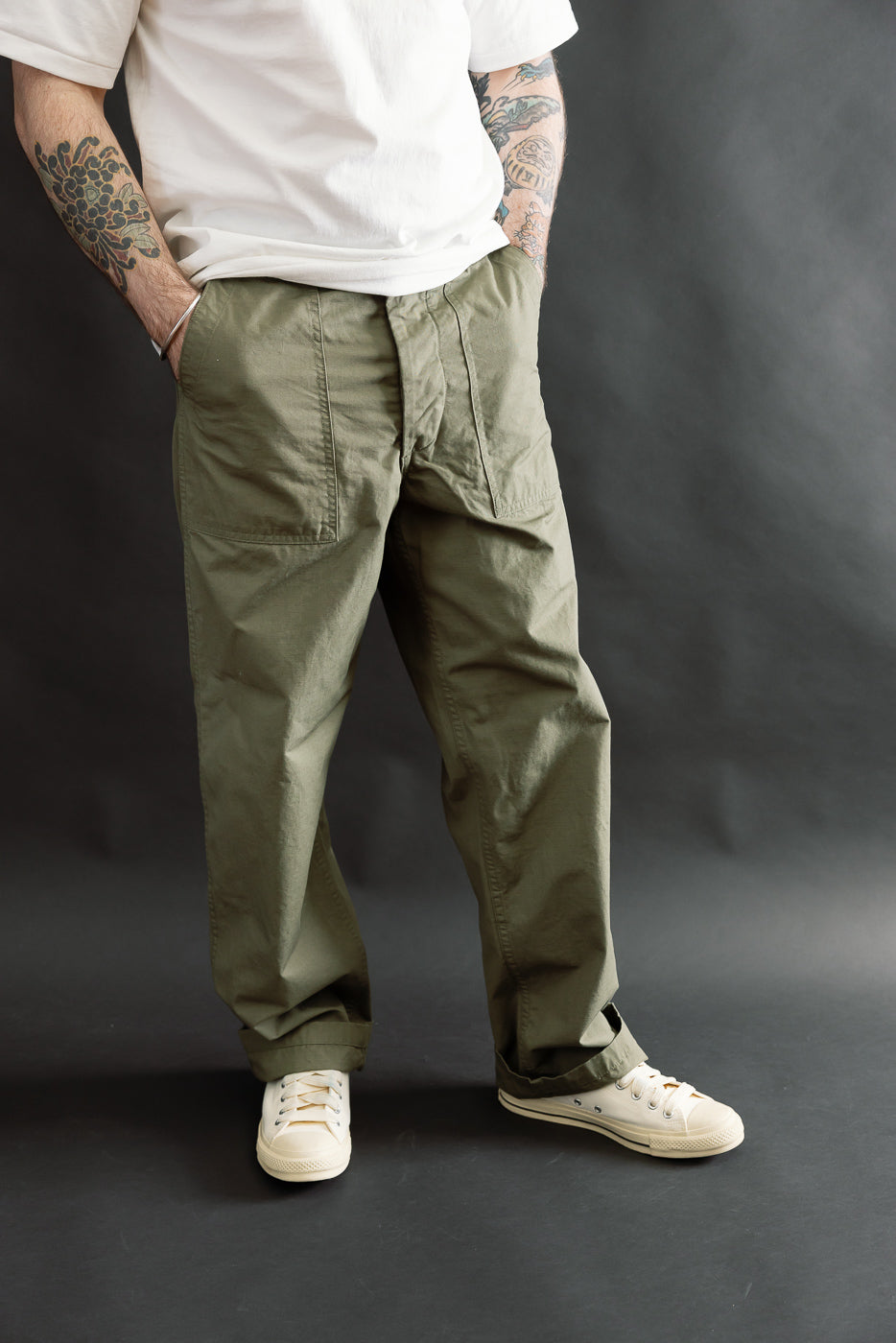 Front view, full body shot of men's army green ripstop fatigue pants on 5'9