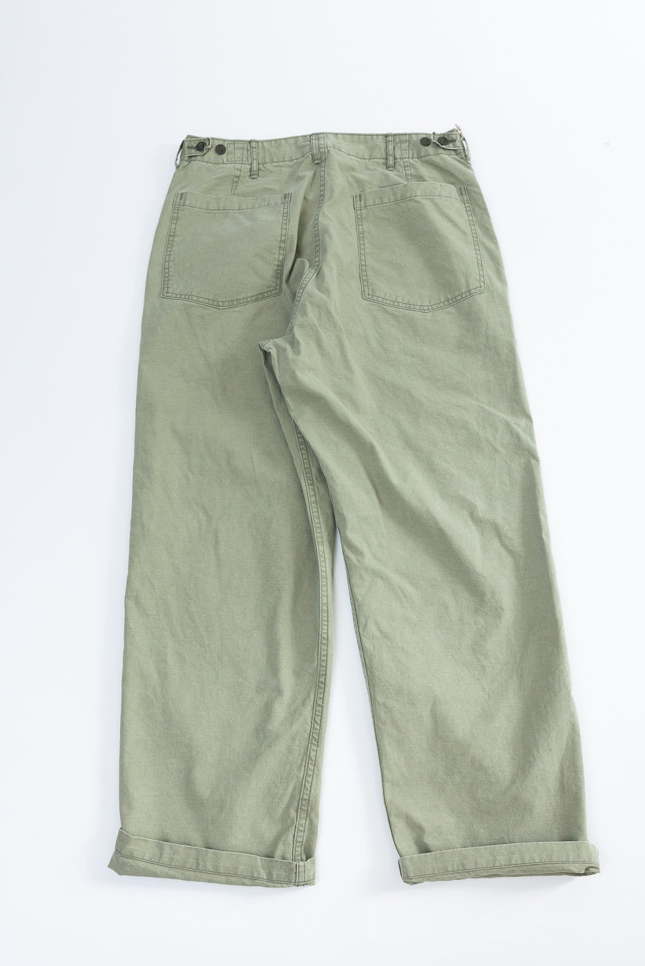 Flat lay back view of olive green wide-leg casual pants with cuffed hems and rear pockets